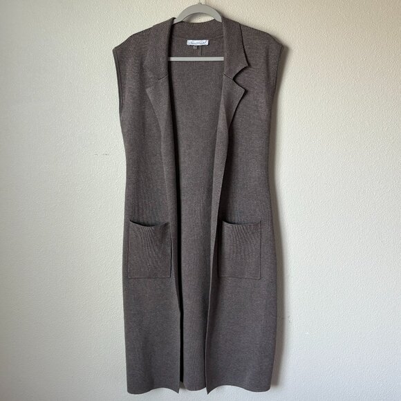 Keren Hart Women Sleeveless Long Knit Vest Duster Size M Brown Open Front Pocket - Picture 1 of 13